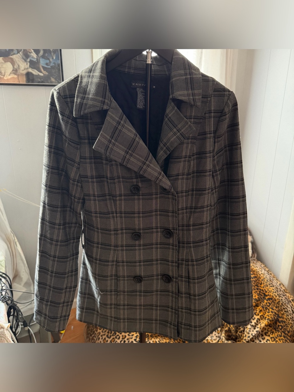 Vintage Rampage Grey Plaid Double Breasted Blazer Jacket Y2K Dark Academia Sz.M
